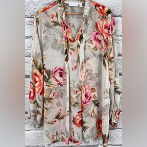 SUSAN GRAVER SHEER L Floral Printed Sheer Chiffon Lace Trim Pleated Tunic Top